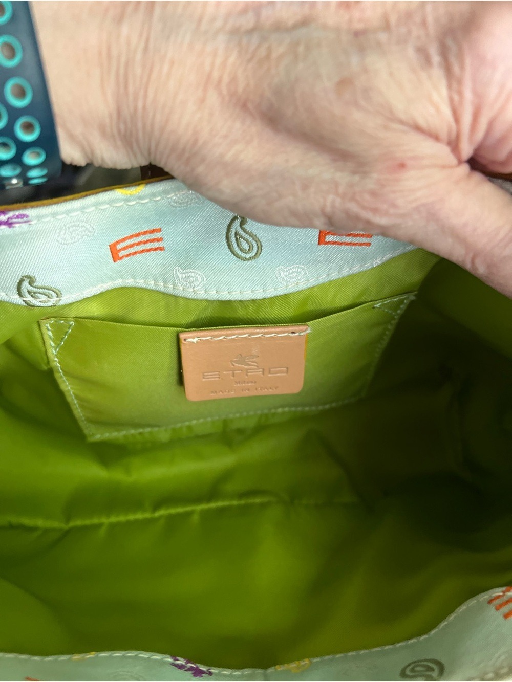 ETRO Light Green Canvas Shoulder Bag with Tan Leather Trim SERIAL NUMBER PHOTO - Picture 10 of 13